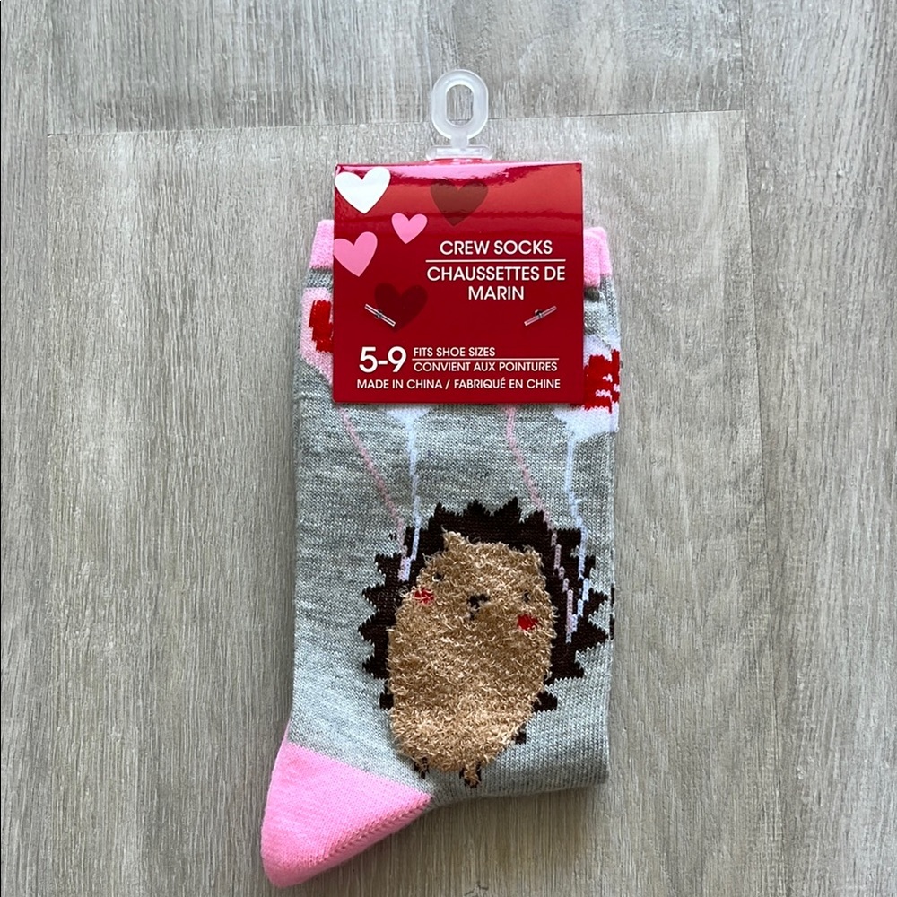 Gray and Pink Hedgehog Crew Socks